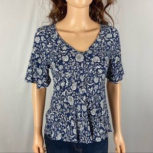 Rachel Zoe Blue White Floral Short Sleeve Blouse